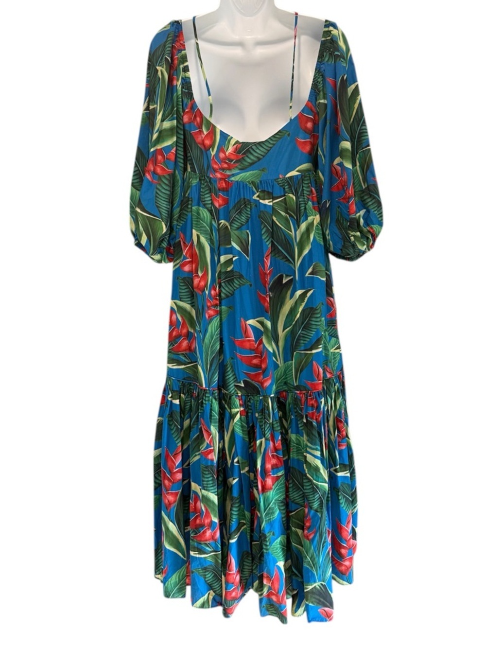 Farm Rio Dream Garden tropical floral puff sleeve tiered cotton Midi Dress XS - Picture 8 of 14